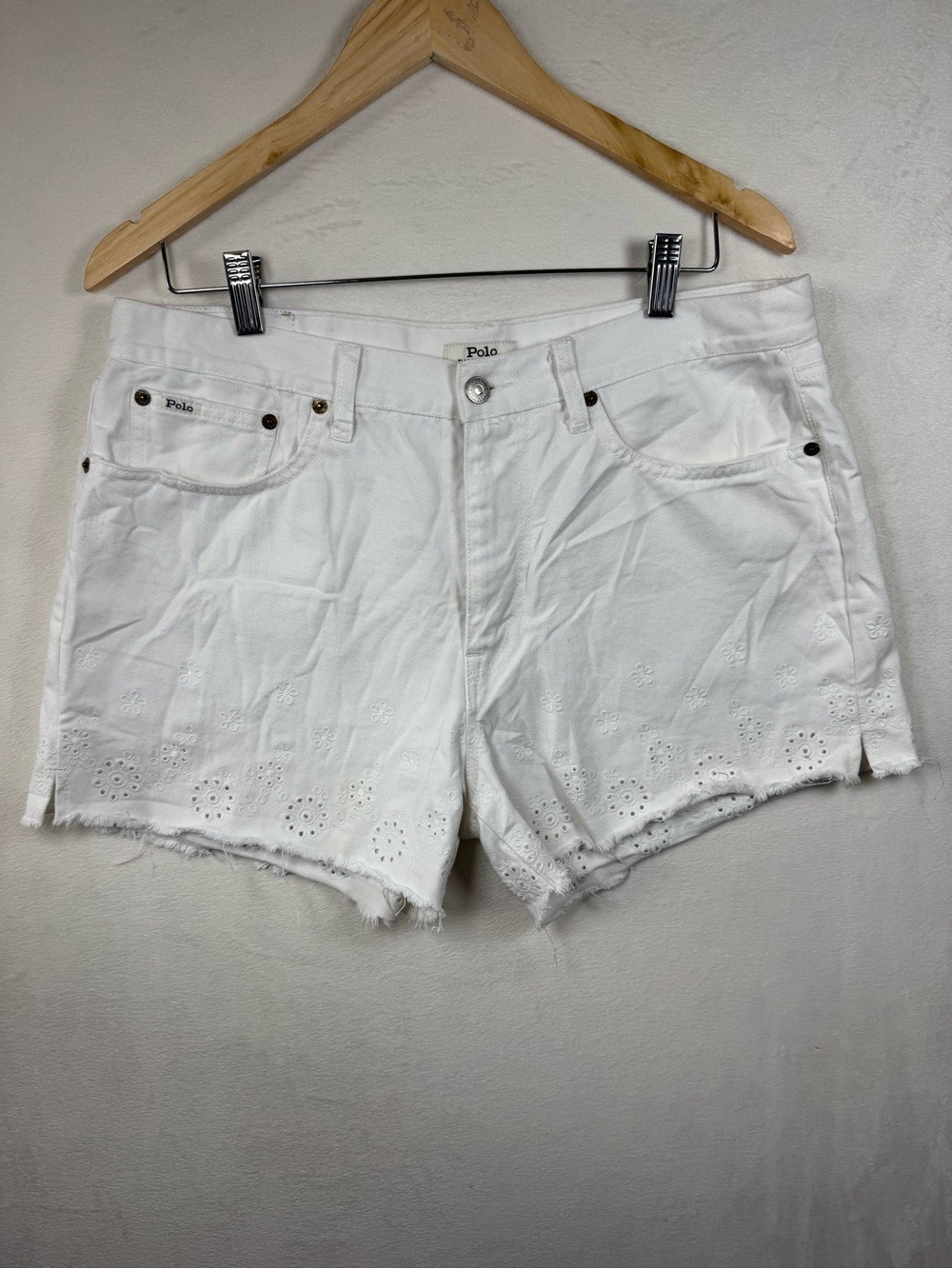 Ralph Lauren White The Sophia Cut off White Eyelet Cotton Denim Shorts Size 31